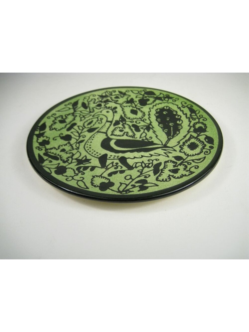 Vintage Holyland Ceramic Plate Green Glaze Black Peacock Wall Decor Ceramic